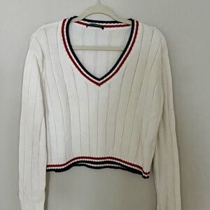 Brandy Melville White V-Neck Sweater with Red and Blue Accents